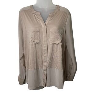Ann Taylor Sheer Long‎ Sleeve Button Up Top Shirt Blouse Medium Beige Minimalist